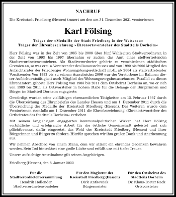 Traueranzeige von Karl Fölsing von Wetterauer Zeitung