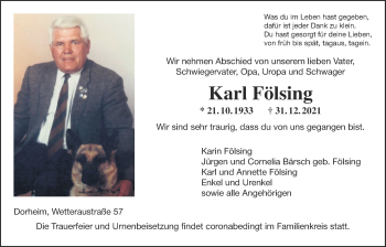 Traueranzeige von Karl Fölsing von Wetterauer Zeitung