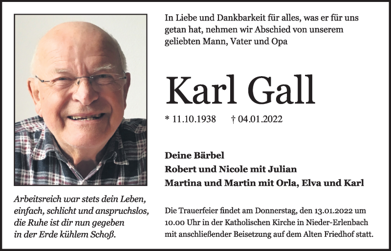  Traueranzeige für Karl Gall vom 13.01.2022 aus Bad Vilbel/Karben