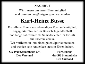 Traueranzeige von Karl-Heinz Busse von Wetterauer Zeitung