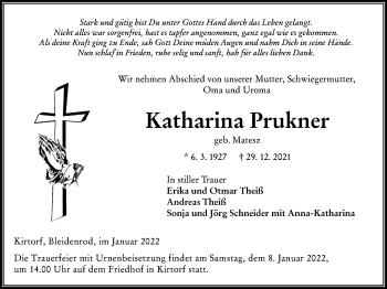 Traueranzeige von Katharina Prukner von Alsfelder Allgemeine