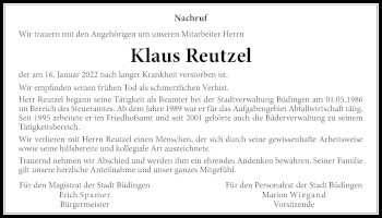 Traueranzeige von Klaus Reutzel 