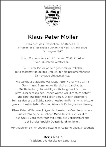 Traueranzeige von Klaus Peter Möller von Wetterauer Zeitung, Giessener Allgemeine, Alsfelder Allgemeine