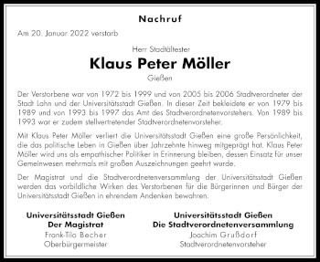 Traueranzeige von Klaus Peter Möller von Giessener Allgemeine, Alsfelder Allgemeine
