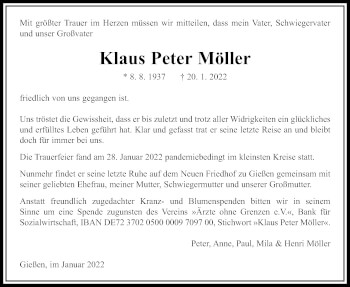 Traueranzeige von Klaus Peter Möller von Giessener Allgemeine, Alsfelder Allgemeine
