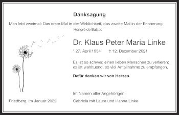 Traueranzeige von Klaus Peter Maria Linke von Wetterauer Zeitung