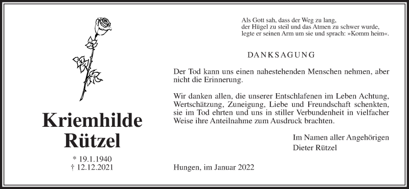  Traueranzeige für Kriemhilde Rützel vom 22.01.2022 aus Giessener Allgemeine, Alsfelder Allgemeine