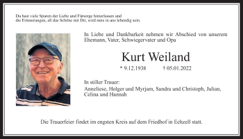 Traueranzeige von Kurt Weiland von Wetterauer Zeitung