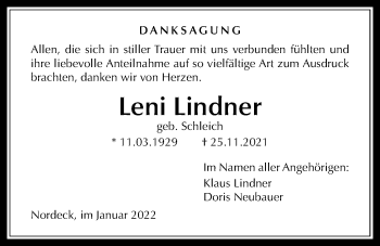 Traueranzeige von Leni Lindner von Allendorfer Mitteilungen