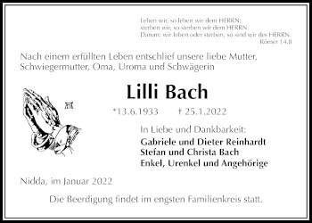Traueranzeige von Lilli Bach 