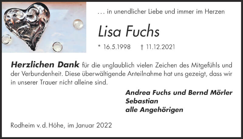  Traueranzeige für Lisa Fuchs vom 15.01.2022 aus Wetterauer Zeitung