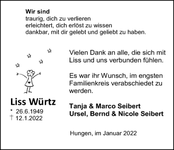 Traueranzeige von Liss Würtz von Licher Wochenblatt