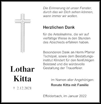 Traueranzeige von Lothar Kitta 