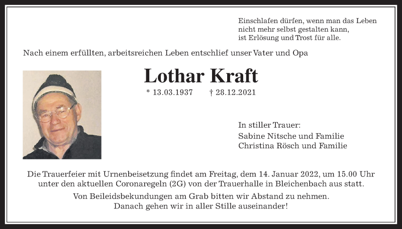  Traueranzeige für Lothar Kraft vom 12.01.2022 aus Kreis-Anzeiger