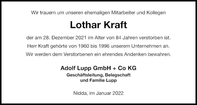  Traueranzeige für Lothar Kraft vom 15.01.2022 aus 