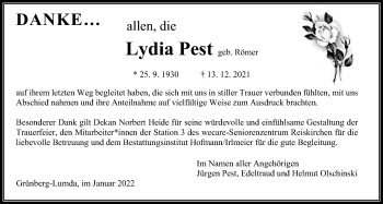 Traueranzeige von Lydia Pest von Giessener Allgemeine, Alsfelder Allgemeine, Giessener Anzeiger