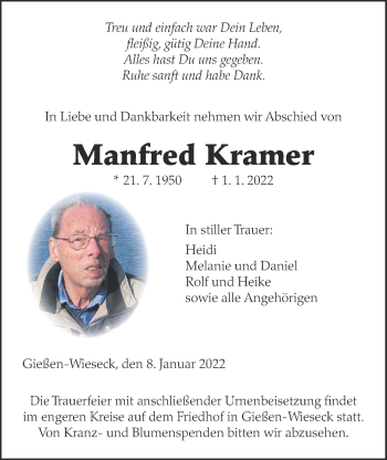 Traueranzeige von Manfred Kramer von Giessener Allgemeine, Alsfelder Allgemeine, Giessener Anzeiger