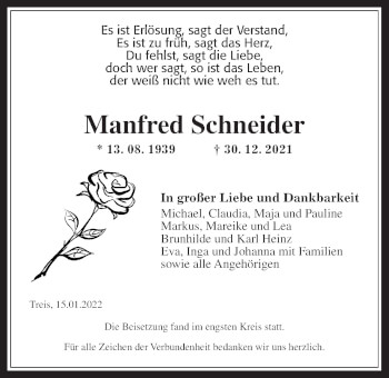 Traueranzeige von Manfred Schneider von Giessener Allgemeine, Alsfelder Allgemeine, Wetterauer Zeitung