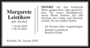 Traueranzeige von Margarete Leistikow von Bad Vilbel/Karben