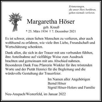 Traueranzeige von Margaretha Höser von Usinger Anzeiger