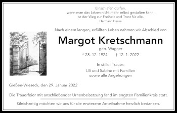 Traueranzeige von Margot Kretschmann von Giessener Allgemeine, Alsfelder Allgemeine
