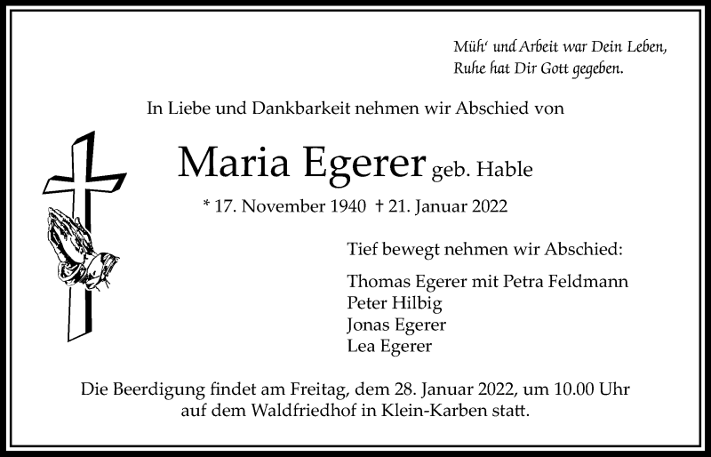  Traueranzeige für Maria Egerer vom 27.01.2022 aus Bad Vilbel/Karben