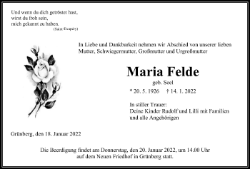 Traueranzeige von Maria Felde von Giessener Anzeiger