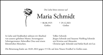 Traueranzeige von Maria Schmidt von Giessener Anzeiger