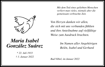 Traueranzeige von Maria Isabel Gonzalez Suarez von Bad Vilbel/Karben