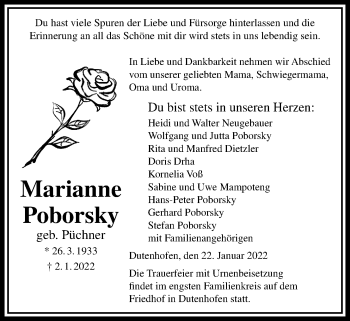 Traueranzeige von Marianne Poborsky von Giessener Allgemeine, Alsfelder Allgemeine