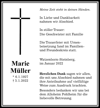 Traueranzeige von Marie Müller von Pohlheimer Nachrichten