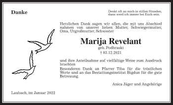 Traueranzeige von Marija Revelant von Laubacher Anzeiger, Heimatzeitung Grünberg + Laubach