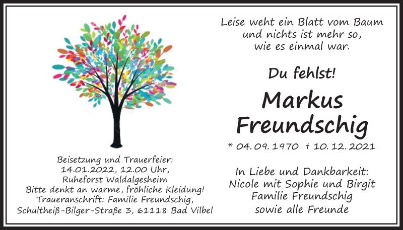  Traueranzeige für Markus Freundschig vom 06.01.2022 aus Bad Vilbel/Karben
