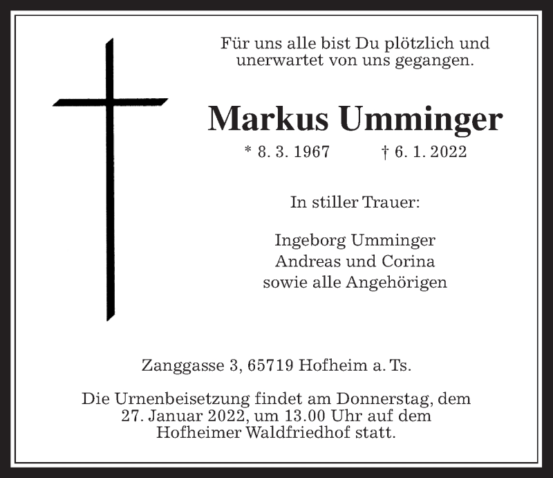 Traueranzeige für Markus Umminger vom 14.01.2022 aus 