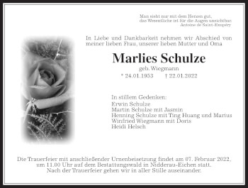 Traueranzeige von Marlies Schulze von Wetterauer Zeitung