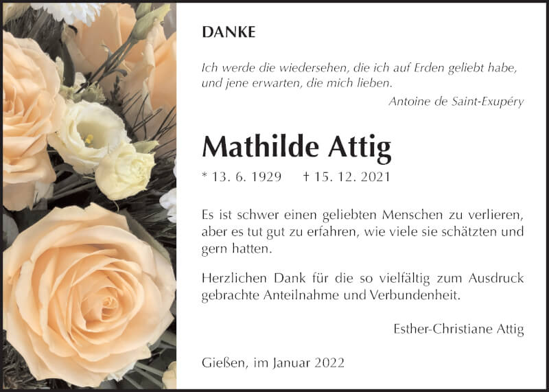  Traueranzeige für Mathilde Attig vom 15.01.2022 aus Giessener Allgemeine, Alsfelder Allgemeine