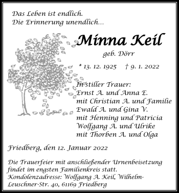 Traueranzeige von Minna Keil von Alsfelder Allgemeine, Giessener Anzeiger