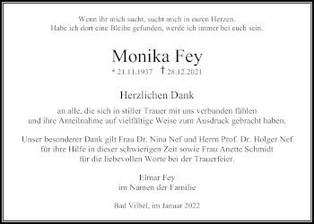 Traueranzeige von Monika Fey von Bad Vilbel/Karben