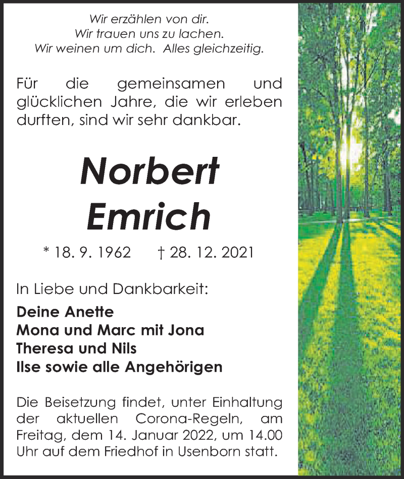 Traueranzeige für Norbert Emrich vom 08.01.2022 aus Kreis-Anzeiger