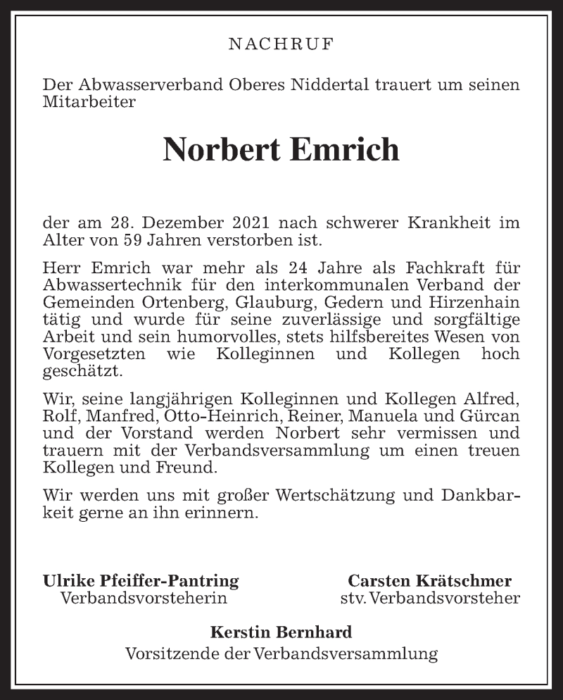  Traueranzeige für Norbert Emrich vom 14.01.2022 aus Kreis-Anzeiger