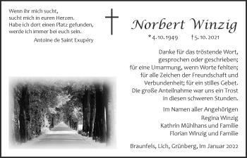 Traueranzeige von Norbert Winzig von Licher Wochenblatt