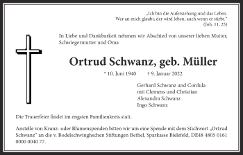 Traueranzeige von Ortrud Schwanz 