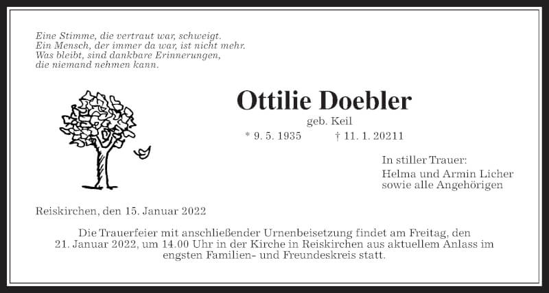  Traueranzeige für Ottilie Doebler vom 15.01.2022 aus Giessener Allgemeine, Alsfelder Allgemeine