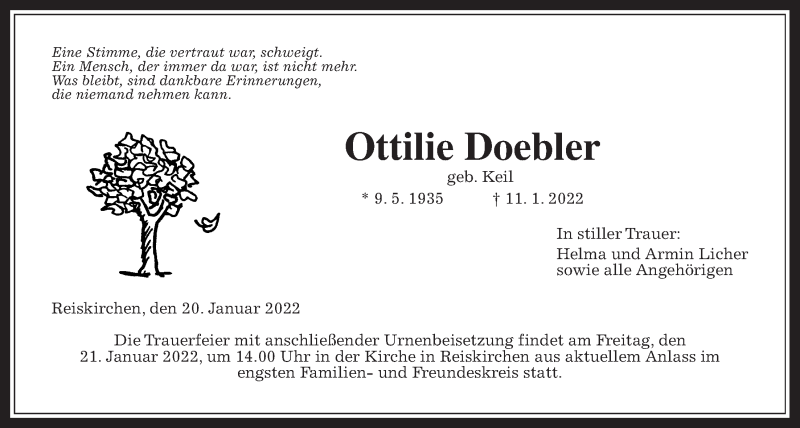  Traueranzeige für Ottilie Doebler vom 22.01.2022 aus Giessener Allgemeine, Alsfelder Allgemeine, Giessener Anzeiger