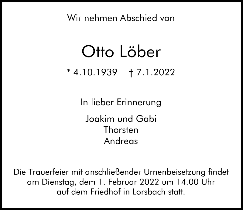  Traueranzeige für Otto Löber vom 14.01.2022 aus 