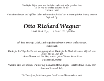 Traueranzeige von Otto Richard Wagner von Kreis-Anzeiger