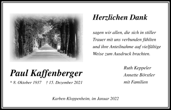 Traueranzeige von Paul Kaffenberger von Bad Vilbel/Karben