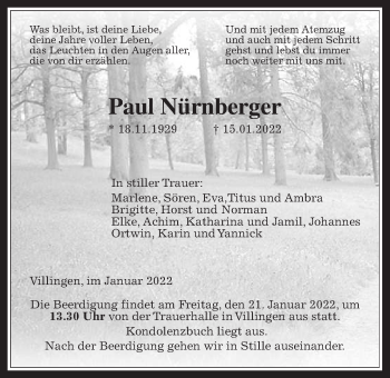 Traueranzeige von Paul Nürnberger von Giessener Allgemeine, Alsfelder Allgemeine