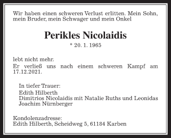 Traueranzeige von Perikles Nicolaidis von Wetterauer Zeitung