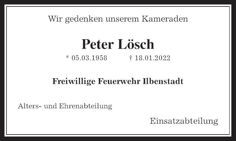  Traueranzeige für Peter Lösch vom 29.01.2022 aus Wetterauer Zeitung